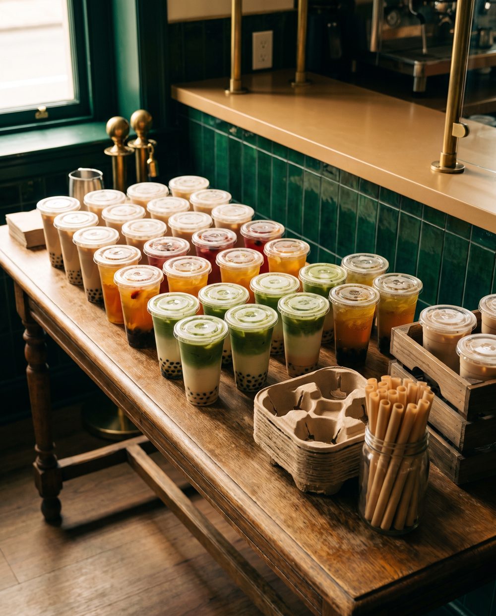 Boba tea catering order of milk teas and matcha lattes for a San Diego office party