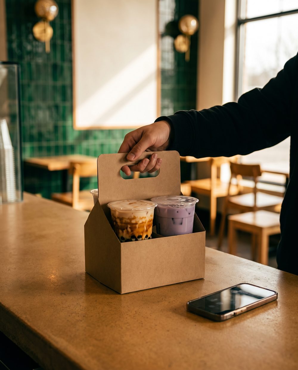 Boba tea pickup order in a kraft cup carrier at a San Diego cafe counter
