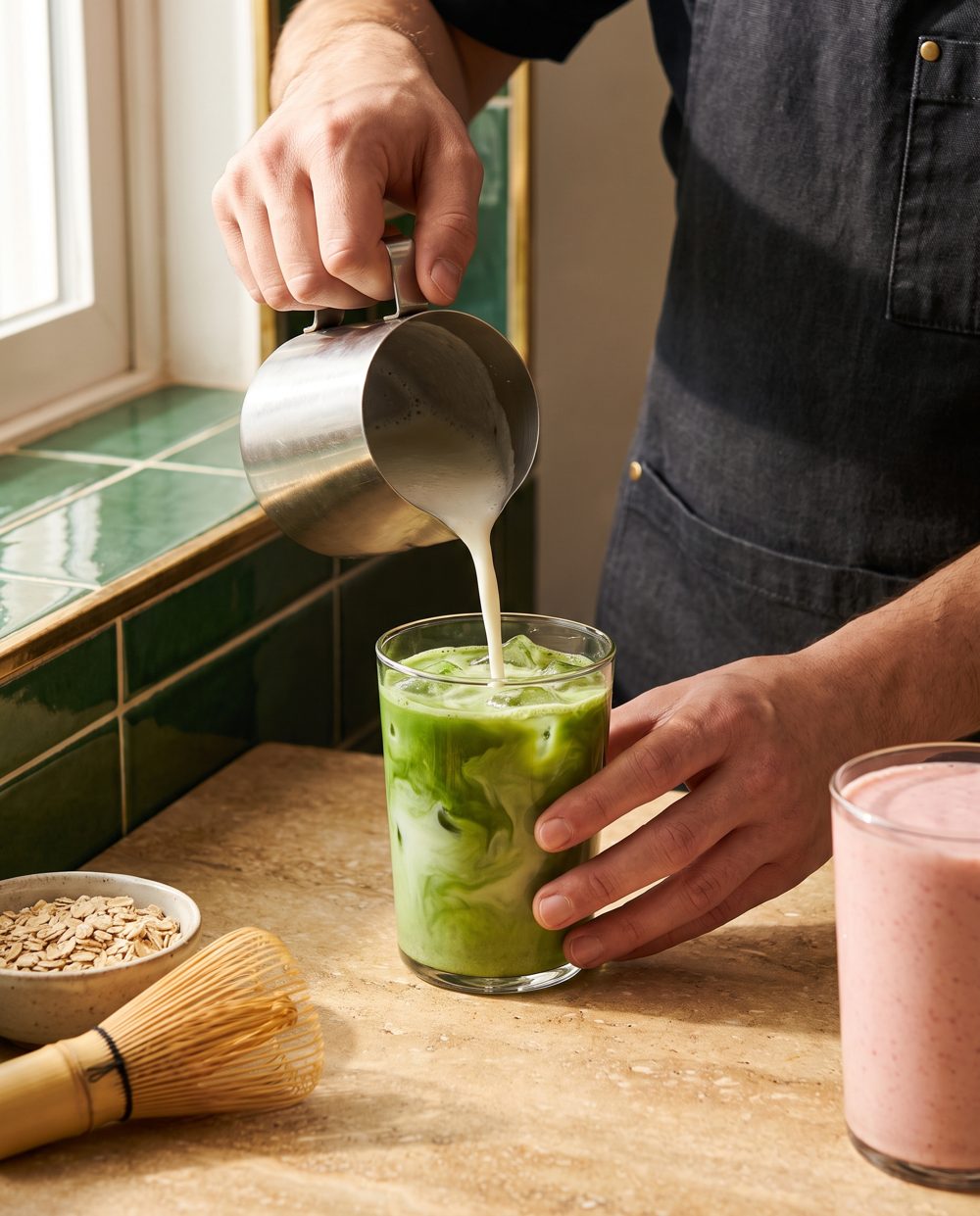 Barista pouring oat milk into a dairy-free ceremonial matcha latte