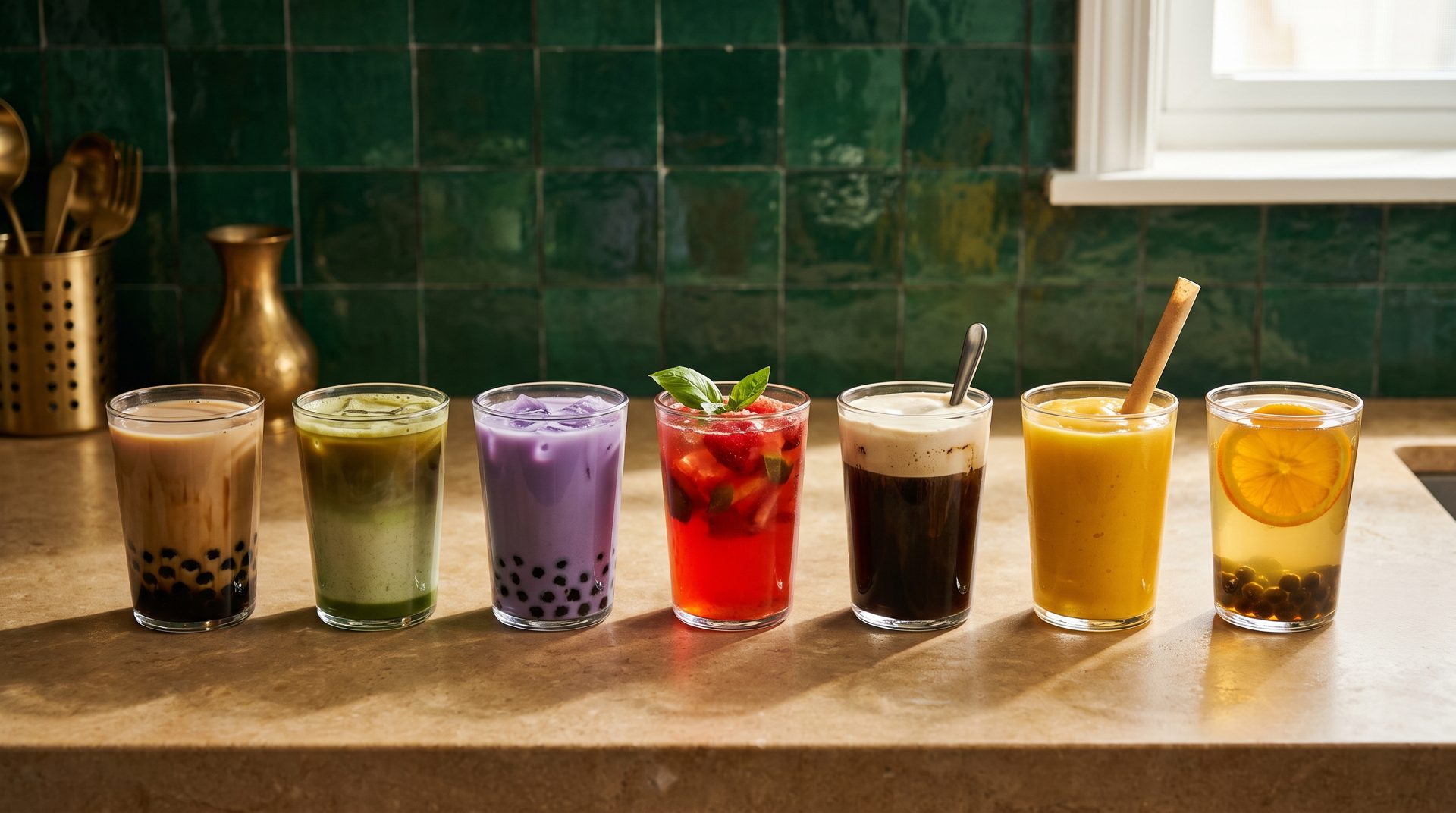 Organic boba tea, matcha latte and fruit tea lineup at a San Diego boba shop Organic boba tea, matcha latte and fruit tea lineup at a San Diego boba shop