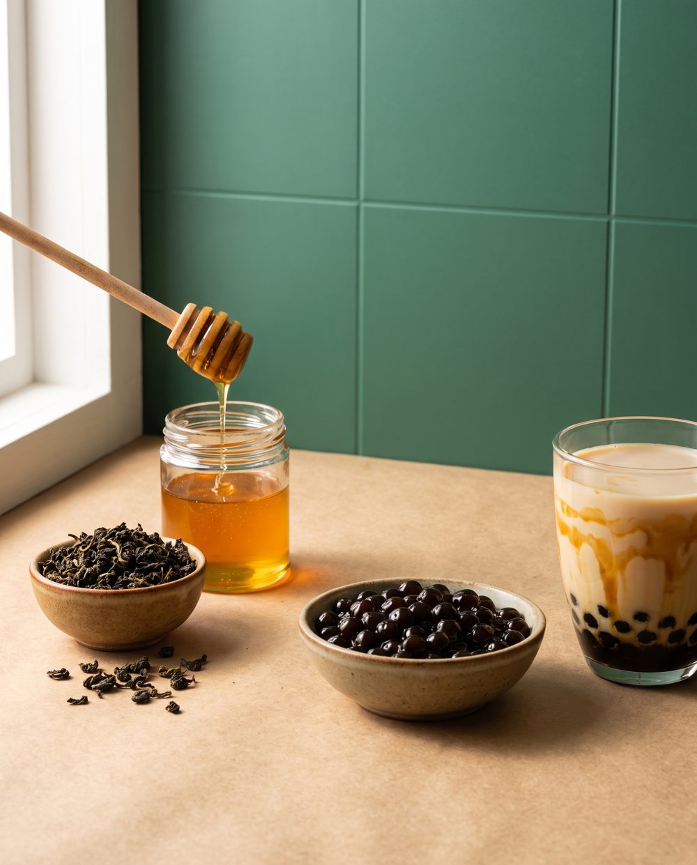 Organic milk tea ingredients: loose Vietnamese tea leaves, organic honey and tapioca pearls