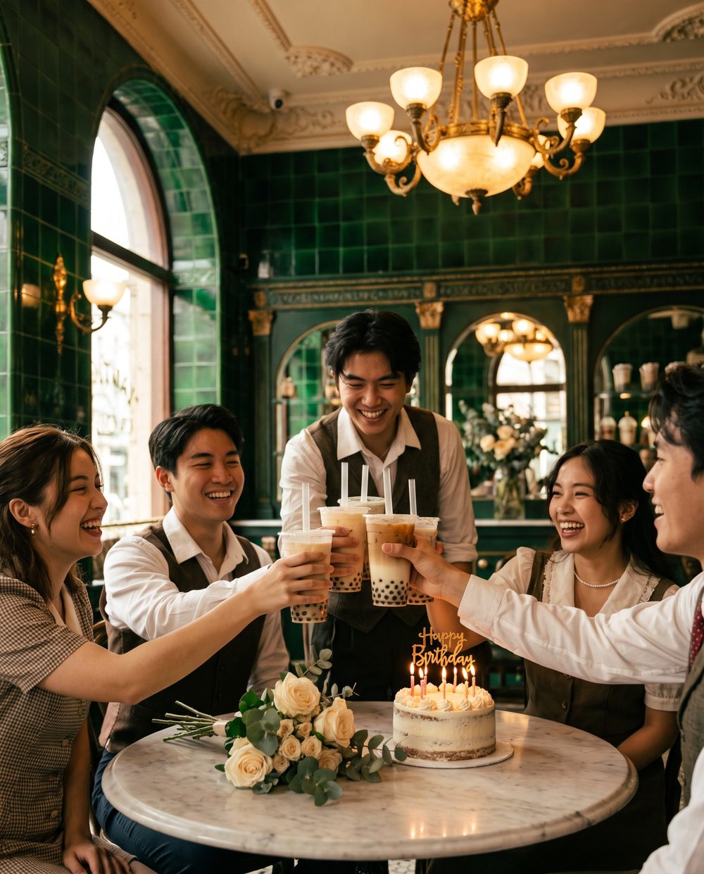 Friends celebrating a birthday with boba drinks at a private event in a San Diego cafe