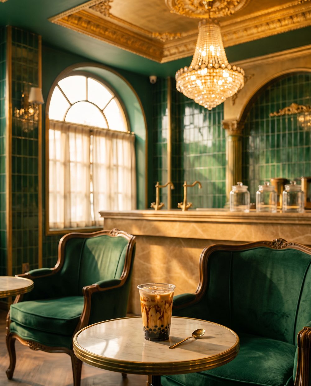 Victorian-style boba cafe interior in Clairemont Mesa with gold ceiling and chandelier